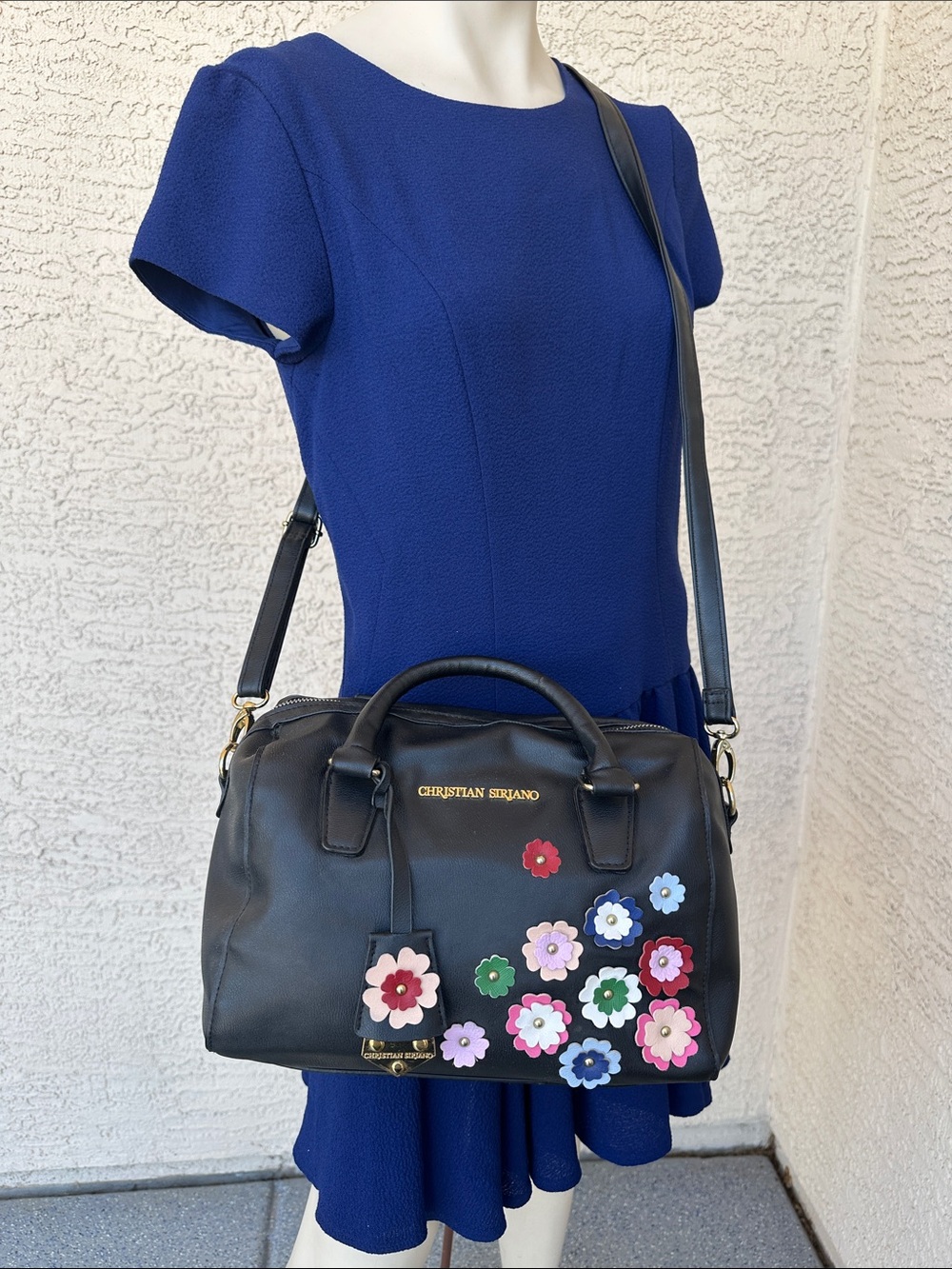 Christian Siriano Black Leather Satchel with Multicolor Floral Appliqués